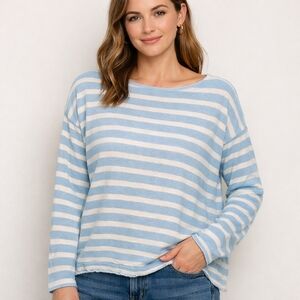 J.Crew Mariner Stripe Boatneck Top M Blue Ivory Breton 100% Cotton Long Sleeve